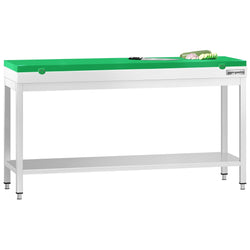 Stół roboczy ze stali nierdzewnej PREMIUM – 2000 x 700 mm – z dolną półką – w zestawie z deską do krojenia w kolorze zielonym