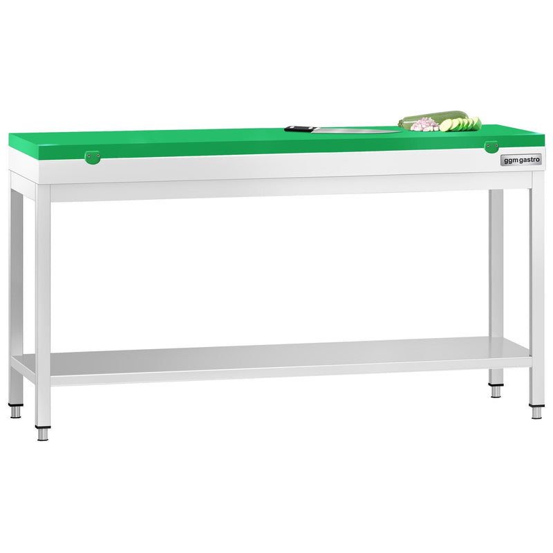 Stół roboczy ze stali nierdzewnej PREMIUM – 2000 x 700 mm – z dolną półką – w zestawie z deską do krojenia w kolorze zielonym