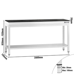 Stół roboczy centralny ze stali nierdzewnej PREMIUM - 2000x700mm - z półką - z blatem granitowym