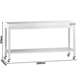 Stół roboczy ze stali nierdzewnej PREMIUM – 2000 x 700 mm – z półką dolną i kółkami
