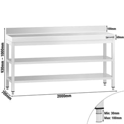 Stół roboczy PREMIUM – stal nierdzewna – 2000 x 700 mm – z półką dolną, rantem i półką pośrednią