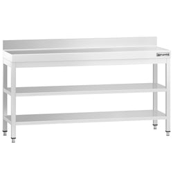 Work table PREMIUM – stainless steel – 2000 x 600 mm – with undershelf, upstand and intermediate shelf