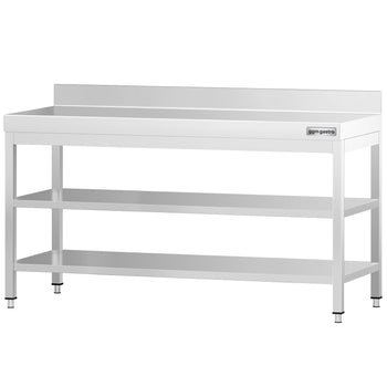 Stół roboczy ze stali nierdzewnej PREMIUM - 2000x600 mm - z półką dolną, panelem tylnym i półką pośrednią - Prime Gastro