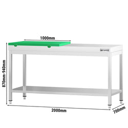Stół roboczy ze stali nierdzewnej PREMIUM – 2000 x 700 mm – z dolną półką – w zestawie z deską do krojenia w kolorze zielonym