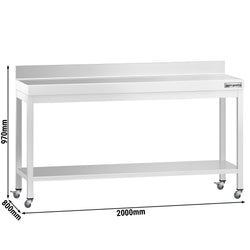 Edelstahl Arbeitstisch PREMIUM - 2000x800mm - mit Grundboden, Aufkantung & Rollen