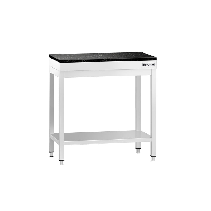 Stół roboczy centralny ze stali nierdzewnej PREMIUM - 600x600mm - z półką - z blatem granitowym