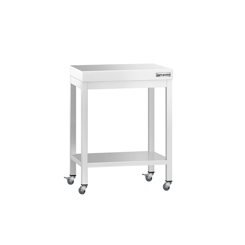 Stół roboczy ze stali nierdzewnej PREMIUM – 600 x 700 mm – z półką dolną i kółkami