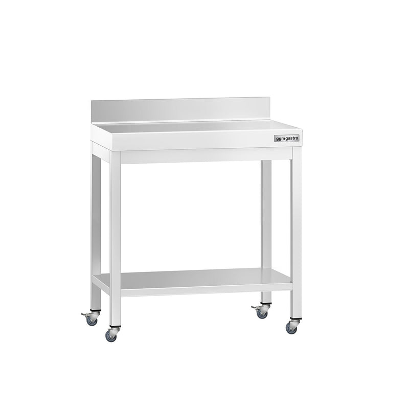 Stół roboczy ze stali nierdzewnej PREMIUM – 600 x 700 mm – z półką dolną, nadstawką i kółkami