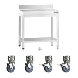 Stół roboczy ze stali nierdzewnej PREMIUM – 600 x 600 mm – z półką dolną, nadstawką i kółkami