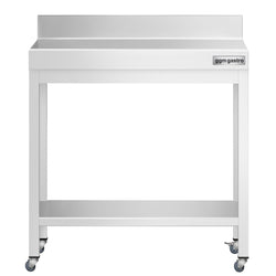 Stół roboczy ze stali nierdzewnej PREMIUM – 600 x 600 mm – z półką dolną, nadstawką i kółkami