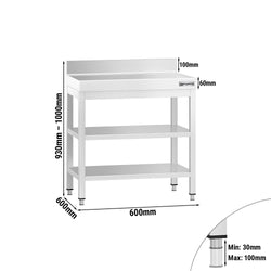 Stół roboczy ze stali nierdzewnej PREMIUM - 600x600 mm - z półką dolną, panelem tylnym i półką pośrednią