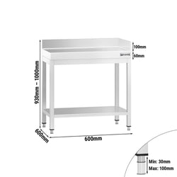 Stół roboczy ze stali nierdzewnej PREMIUM - 600x600 mm - z półką dolną i panelem tylnym z tyłu + z prawej strony