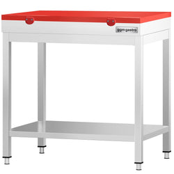 Stół roboczy ze stali nierdzewnej PREMIUM – 600 x 600 mm – z podstawą – w zestawie z deską do krojenia w kolorze czerwonym