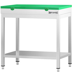 Stół roboczy ze stali nierdzewnej PREMIUM – 600 x 600 mm – z podstawą – w zestawie z zieloną deską do krojenia