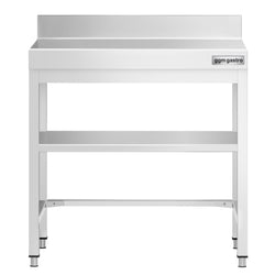 Stół roboczy ze stali nierdzewnej PREMIUM - 600x600 mm - z dolną półką, panelem tylnym i wspornikiem