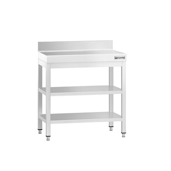 Stół roboczy ze stali nierdzewnej PREMIUM - 600x700 mm - z półką dolną, panelem tylnym i półką pośrednią - Prime Gastro