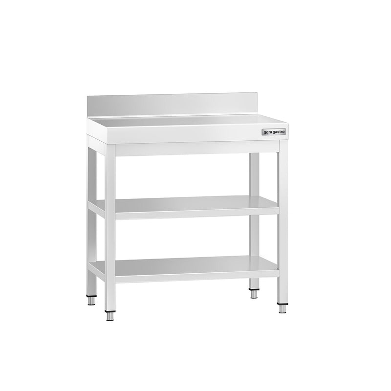 Stół roboczy ze stali nierdzewnej PREMIUM - 600x600 mm - z półką dolną, panelem tylnym i półką pośrednią