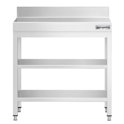 Stół roboczy ze stali nierdzewnej PREMIUM - 600x600 mm - z półką dolną, panelem tylnym i półką pośrednią