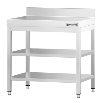Stół roboczy ze stali nierdzewnej PREMIUM - 600x700 mm - z półką dolną, panelem tylnym i półką pośrednią - Prime Gastro