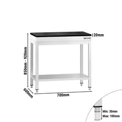 Stół roboczy centralny ze stali nierdzewnej PREMIUM - 700x600mm - z półką - z blatem granitowym