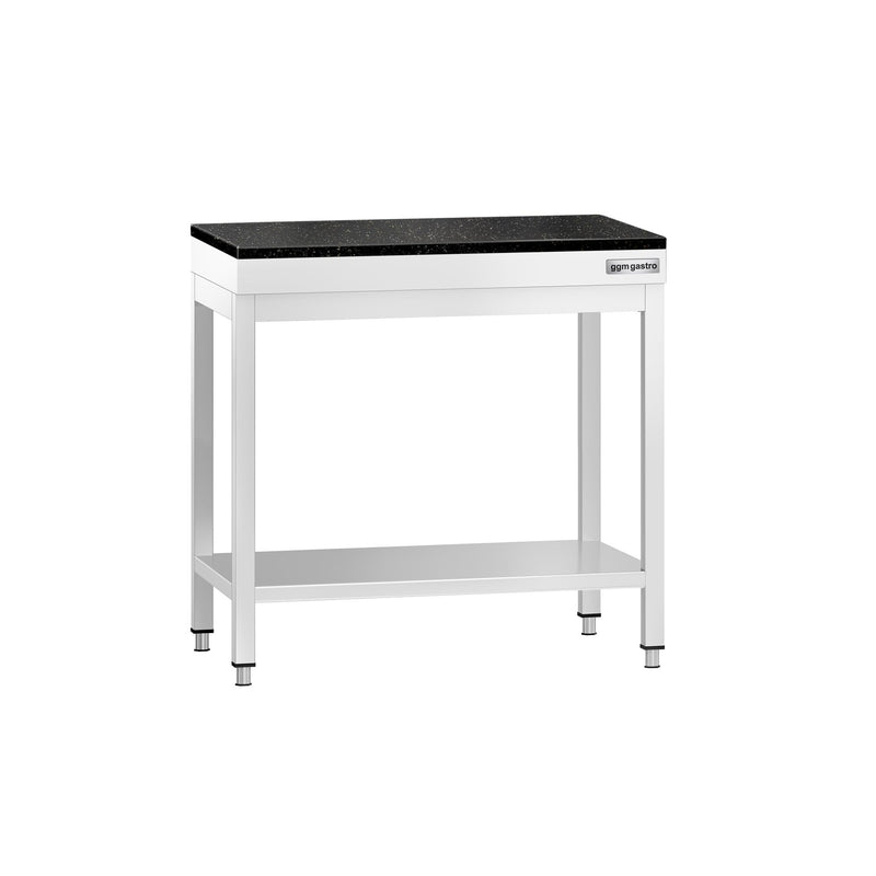 Stół roboczy centralny ze stali nierdzewnej PREMIUM - 700x700mm - z półką - z blatem granitowym