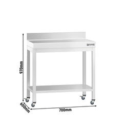Stół roboczy ze stali nierdzewnej PREMIUM – 700 x 600 mm – z półką dolną, nadstawką i kółkami