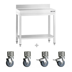 Stół roboczy ze stali nierdzewnej PREMIUM – 700 x 600 mm – z półką dolną, nadstawką i kółkami