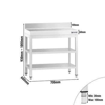 Stół roboczy ze stali nierdzewnej PREMIUM - 700x600 mm - z półką dolną, panelem tylnym i półką pośrednią - Prime Gastro