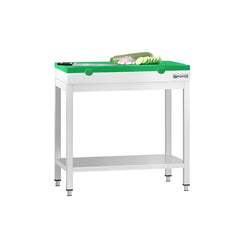 Stół roboczy ze stali nierdzewnej PREMIUM – 700 x 600 mm – z podstawą – w zestawie z zieloną deską do krojenia