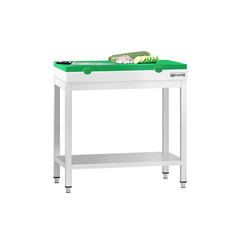 Stół roboczy ze stali nierdzewnej PREMIUM – 700 x 700 mm – z podstawą – w zestawie z deską do krojenia w kolorze zielonym