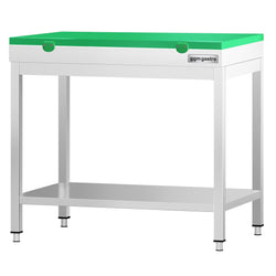 Stół roboczy ze stali nierdzewnej PREMIUM – 700 x 600 mm – z podstawą – w zestawie z zieloną deską do krojenia