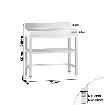 Stół roboczy ze stali nierdzewnej PREMIUM - 700x700 mm - z dolną półką, panelem tylnym i rozpórką - Prime Gastro