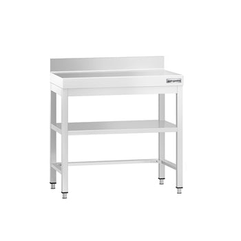 Stół gastronomiczny roboczy ze stali nierdzewnej PREMIUM - 700x600 mm - z dolną półką, panelem tylnym i rozpórką - Prime Gastro