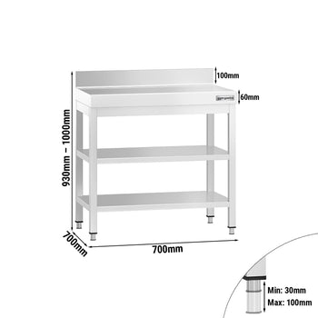 Stół roboczy ze stali nierdzewnej PREMIUM - 700x700 mm - z półką dolną, panelem tylnym i półką pośrednią - Prime Gastro