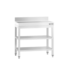 Stół roboczy PREMIUM – stal nierdzewna – 700 x 700 mm – z półką dolną, rantem i półką pośrednią