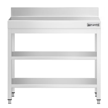 Stół roboczy ze stali nierdzewnej PREMIUM - 700x700 mm - z półką dolną, panelem tylnym i półką pośrednią - Prime Gastro