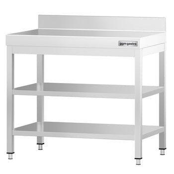 Stół roboczy ze stali nierdzewnej PREMIUM - 700x600 mm - z półką dolną, panelem tylnym i półką pośrednią - Prime Gastro