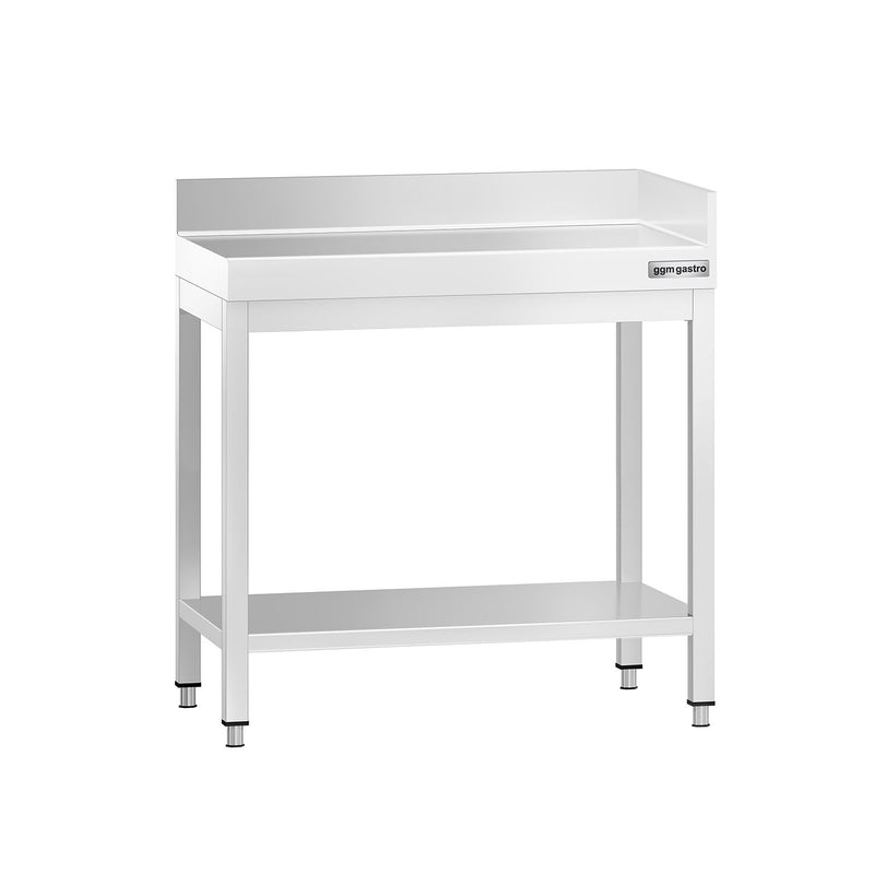 Stół roboczy ze stali nierdzewnej PREMIUM - 700x700 mm - z półką dolną i panelem tylnym z tyłu + z prawej strony