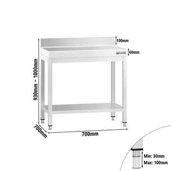 Stół roboczy ze stali nierdzewnej PREMIUM - 700x700mm - z półką dolną i panelem tylnym - Prime Gastro