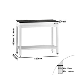 Stół roboczy centralny ze stali nierdzewnej PREMIUM - 800x600mm - z półką - z blatem granitowym