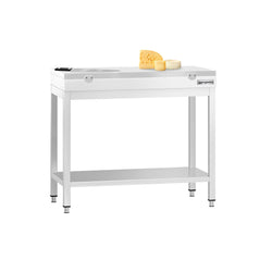 Stół roboczy ze stali nierdzewnej PREMIUM – 800 x 600 mm – z podstawą – w zestawie z białą deską do krojenia