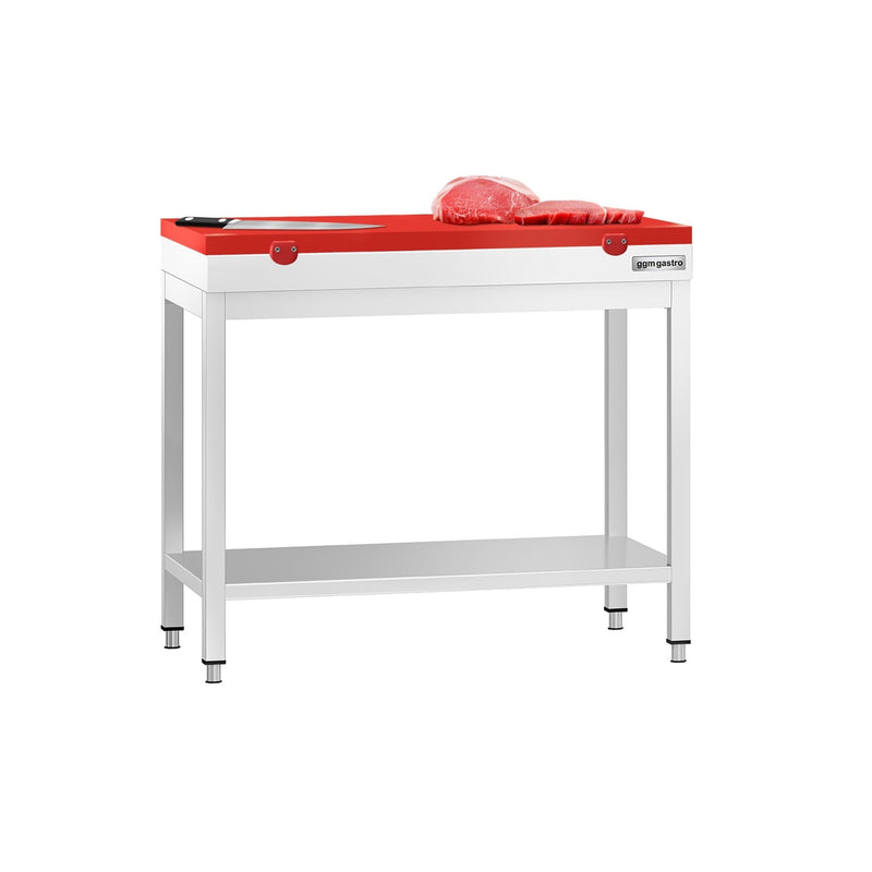 Stół roboczy ze stali nierdzewnej PREMIUM – 800 x 700 mm – z dolną półką – w zestawie z deską do krojenia w kolorze czerwonym