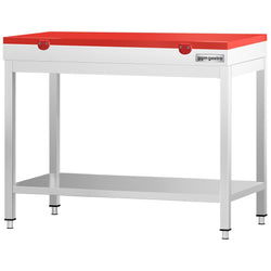Stół roboczy ze stali nierdzewnej PREMIUM – 800 x 700 mm – z dolną półką – w zestawie z deską do krojenia w kolorze czerwonym