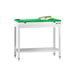 Stół roboczy ze stali nierdzewnej PREMIUM – 800 x 600 mm – z podstawą – wraz z deską do krojenia w kolorze zielonym
