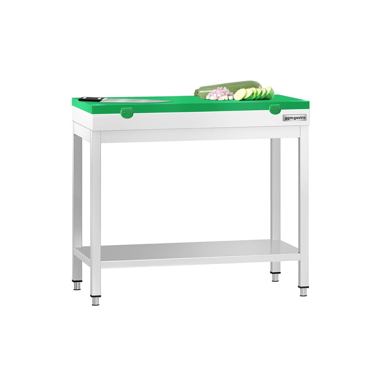 Stół roboczy ze stali nierdzewnej PREMIUM – 800 x 700 mm – z podstawą – wraz z deską do krojenia w kolorze zielonym