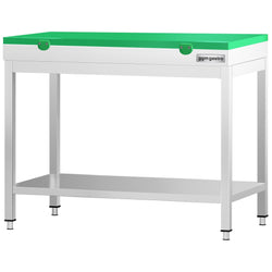 Stół roboczy ze stali nierdzewnej PREMIUM – 800 x 600 mm – z podstawą – wraz z deską do krojenia w kolorze zielonym