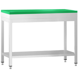 Stół roboczy ze stali nierdzewnej PREMIUM – 800 x 600 mm – z podstawą – wraz z deską do krojenia w kolorze zielonym