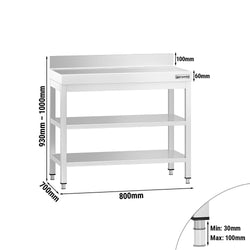 Stół roboczy ze stali nierdzewnej PREMIUM - 800x700 mm - z półką dolną, panelem tylnym i półką pośrednią