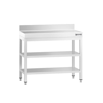 Stół roboczy ze stali nierdzewnej PREMIUM - 800x600 mm - z półką dolną, panelem tylnym i półką pośrednią - Prime Gastro