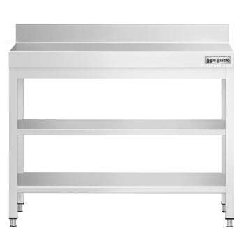 Stół roboczy ze stali nierdzewnej PREMIUM - 800x700 mm - z półką dolną, panelem tylnym i półką pośrednią - Prime Gastro